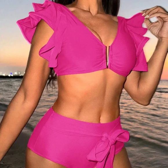Hot Pink Sexy Women's Holiday Splicing Ruffle Hem Bikini Set - Picture 4 of 4